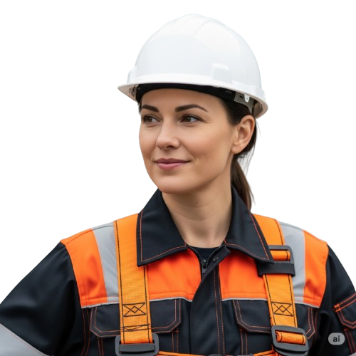 Mujer con uniforme industrial en colores naranja, blanco y negro, usando casco, guantes y botas de seguridad